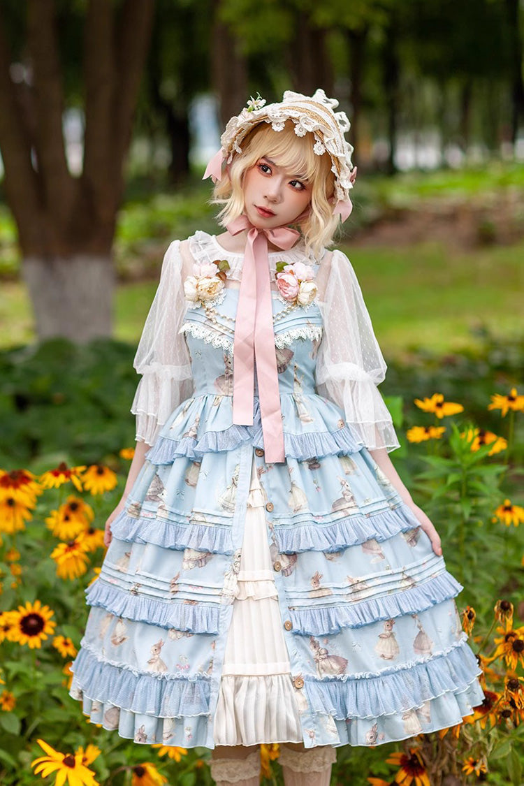 Miss Rabbit Dance Print Multi-layer Ruffle Sweet Elegant Lolita Jsk Dress 4 Colors