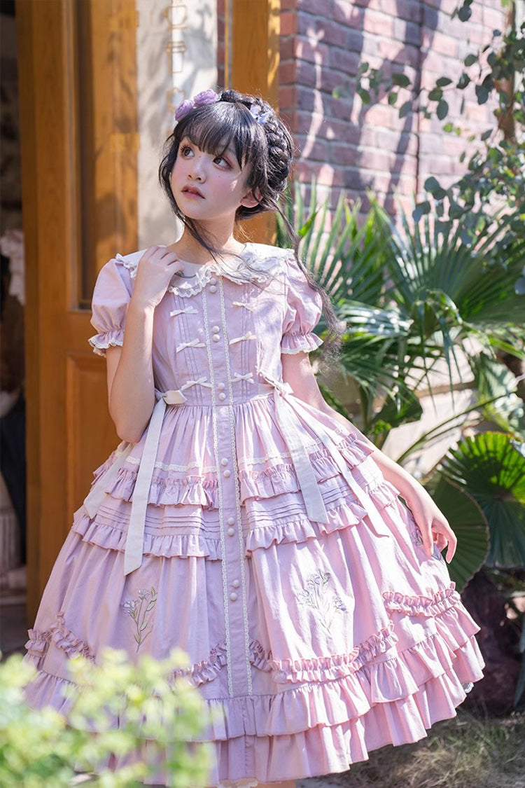 Pink Doll Collar Short Sleeves Iris Poem Print Ruffle Embroidery Sweet Lolita Dress