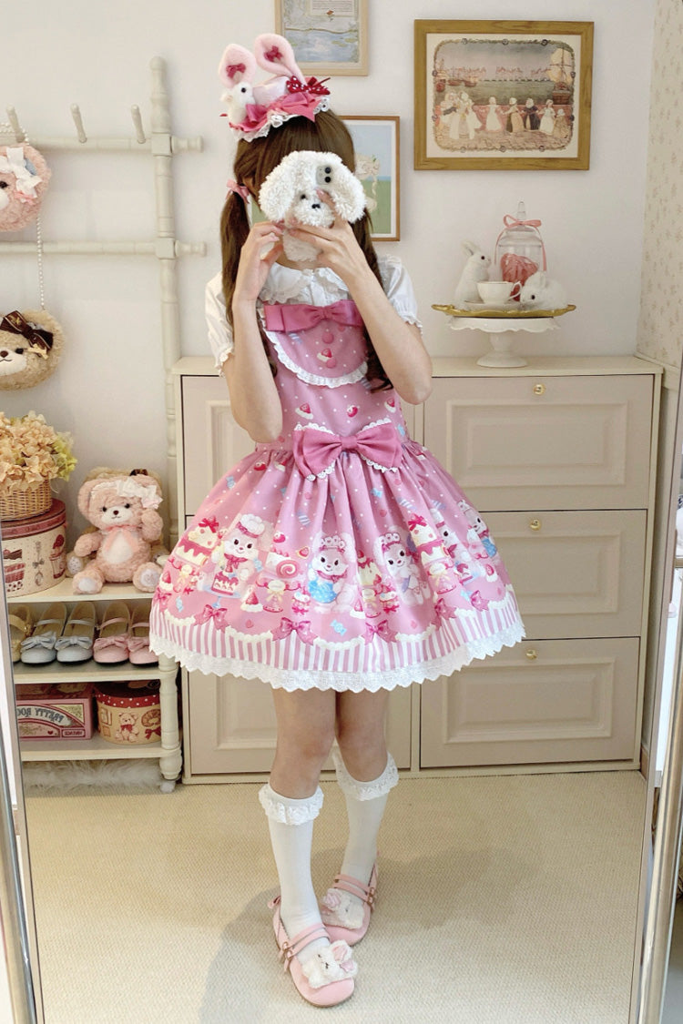 Pink Cupid Bunny Printed Sleeveless Bow Sweet Princess Lolita Strap Dress