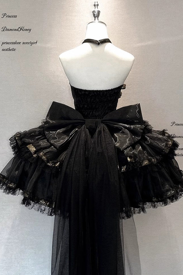 Black First Kiss Halterneck Triple-Layered Ruffle Lace Hot Stamping Gothic Princess Lolita Dress