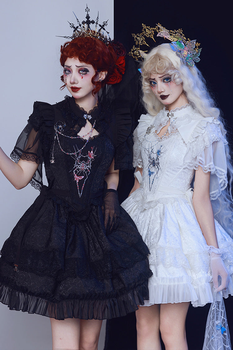 White Sleeveless Spider Embroidery Bowknot Lace Gothic Princess Lolita Skirt Two-piece Set