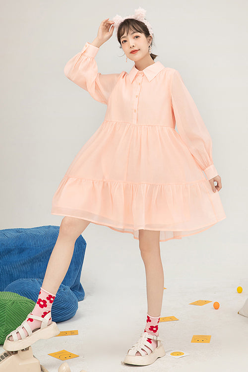 Orange Polo Neck Organza Puff Sleeve Single Breasted Sweet Lolita OP Dress
