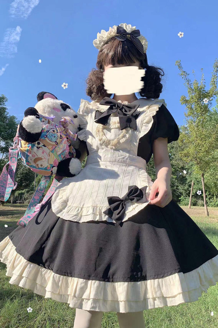 Black/White Maid Long Sleeves Ruffle Bowknot Stitching Sweet Short Lolita Dress
