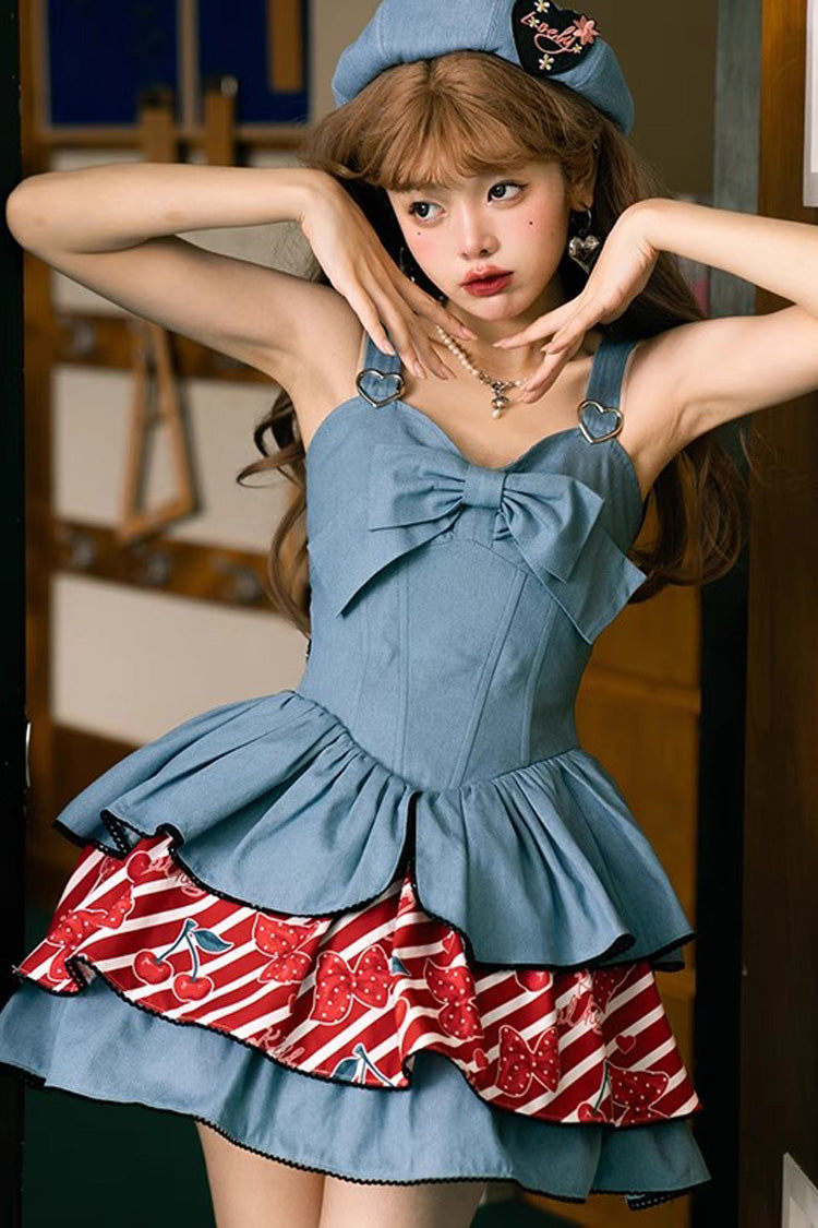 Blue Cherry Sleeveless Triple-Layered Print Ruffle Bowknot Denim Sweet Japanese Vintage Lolita Jsk Dress