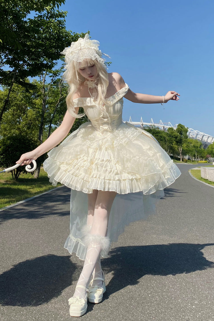 Apricot Cream Cake Sleeveless Multi-Layered Ruffle Bowknot Sweet Princess Lolita Jsk Dress Set
