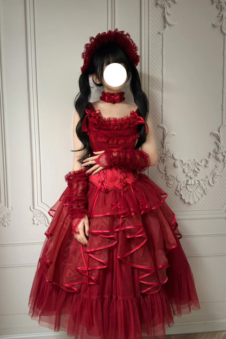 Red The Summer Waves Sparkle Square Collar Sleeveless Multi-Layered Ruffled Bow Lace-Up Slim Classic Lolita Skirt Set