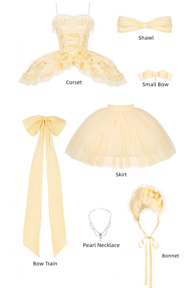 Yellow Sissi's Pilgrimage Off Shoulder Ruffle Bowknot Lace Sweet Lolita Skirt (Short Version)
