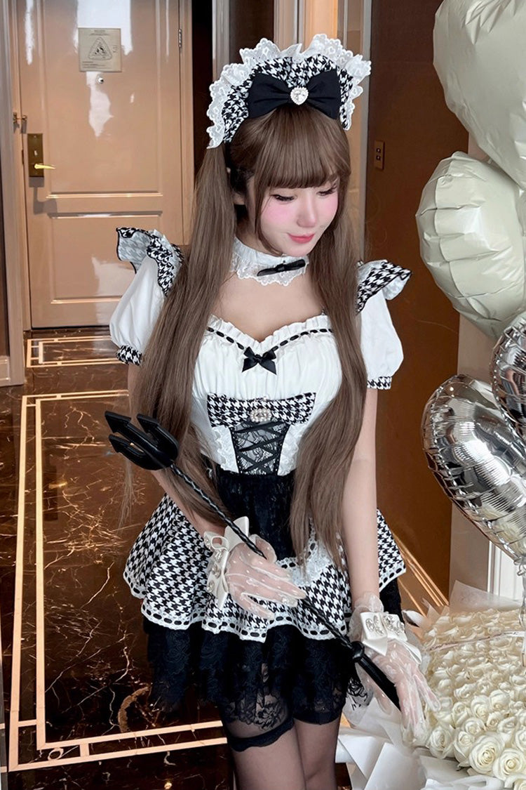 Black/White Lovely Houndstooth Square Collar Short Sleeves Print Ruffle Bowknot Lace Maid Sweet Lolita Dress