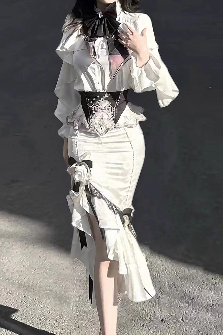 White Star Gate Palace Style Ruffle Bowknot Gothic Lolita Fishtail Skirt 2 Versions