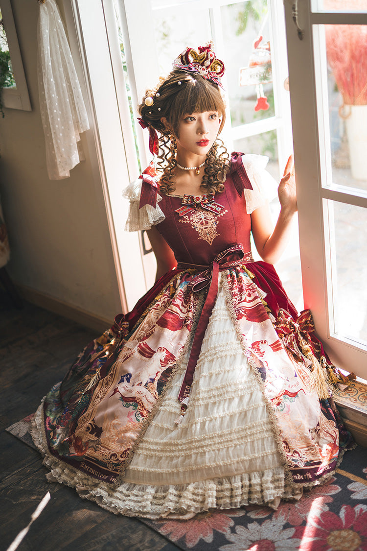 Red Kaleidoscope of Dreams Flying Sleeves Print Embroidery Cardigan Bowknot Classic Vintage Gorgeous Lolita Dress