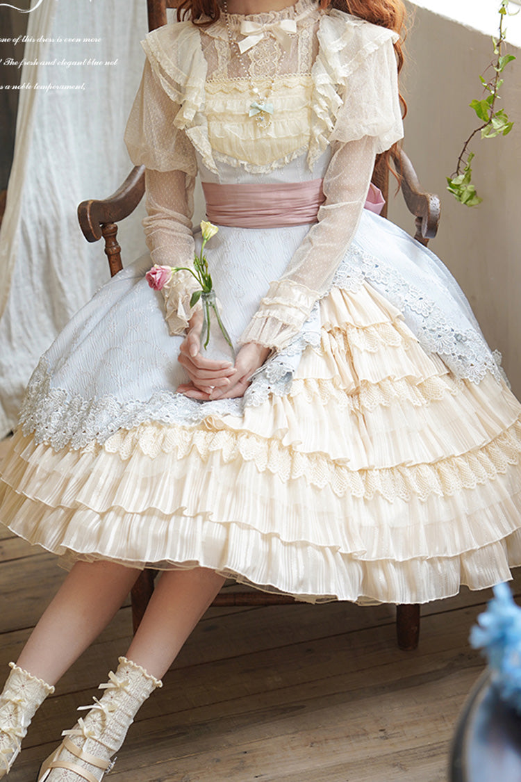Multi-Color Cream Layers Ruffle Asymmetrical Cardigan Bowknot Sweet Lolita Jsk Dress