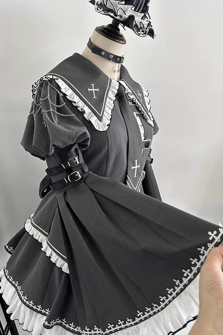 Grey Long Hime Sleeves Ruffle Embroidery Buckle Gothic Japanese Lolita Skirt Set