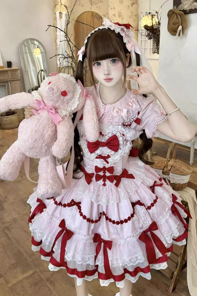 Red/Pink Scarlet Heart Cocoa Sleeveless Triple-Layered Ruffle Embroidery Bowknot Lace Sweet Lolita Jsk Dress