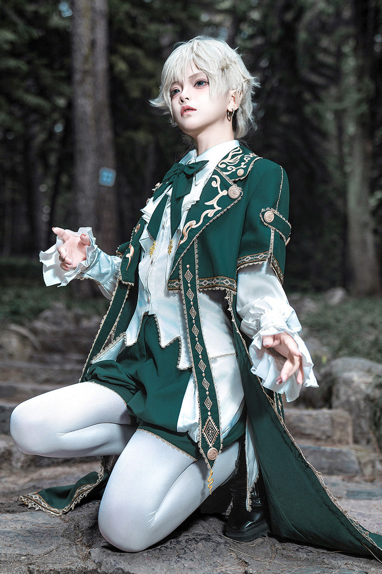 Green Theocratic Messenger Embroidery Classic Military Gorgeous Handsome Ouji Lolita Coat Blouse Shorts Set