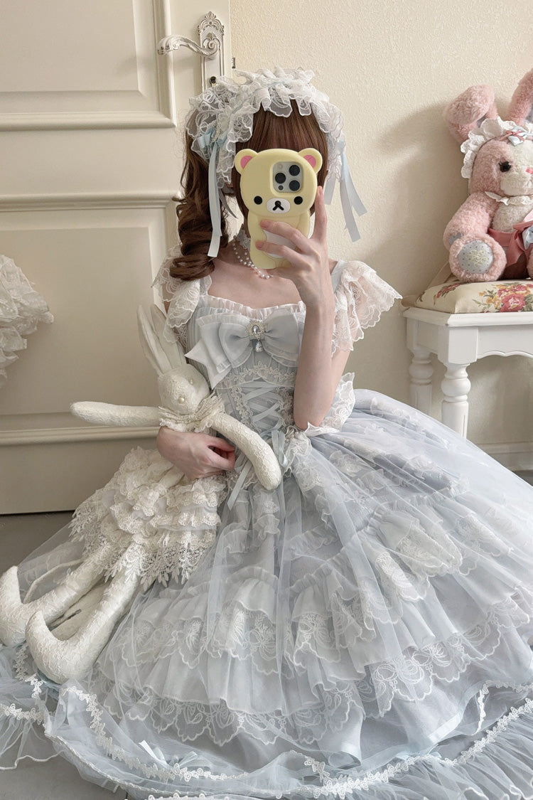Blue Eternal Vow Sleeveless Multi-Layered Ruffle Hanayome Bowknot Lace Lace-Up Sweet Lolita Jsk Dress