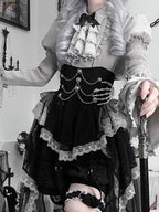 Goth Lolita Asymmetric Hem Dress with Layer Lace Corset Accents Skirt