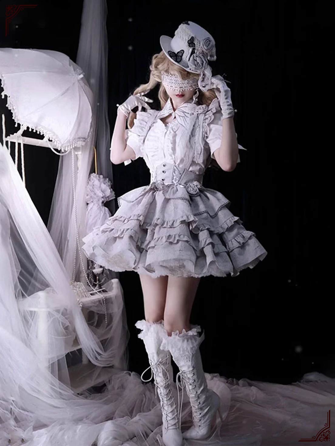 Goth Lolita Cos Silver Flower Shirt Skirt Set Fishbone Fluffy Princess Dress