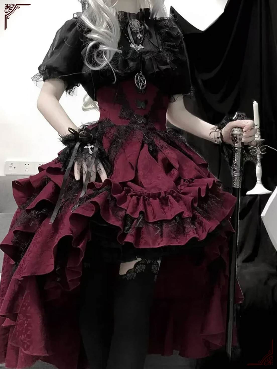 Goth Lolita Prom Dress Outfit Black Red Ruffles Skirt Lace for Halloween Valentine's Day