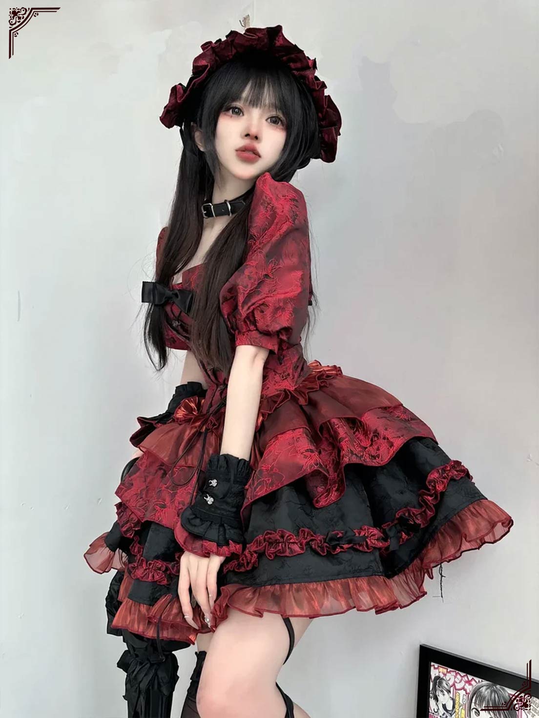 Goth Lolita Red Ballet Dress Jacquard Fishbone Bra Multi-layer Lace Ruffle Strap Skirt
