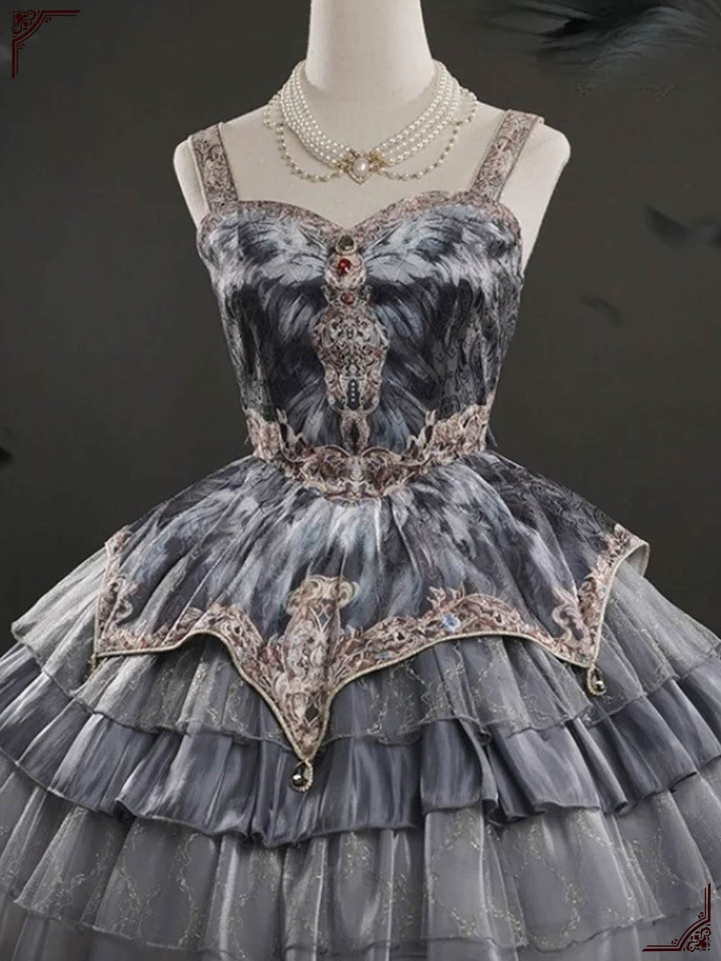 Goth Lolita Suspender Swan Dance Grey Feather Outfits Multilayer Cake Dress