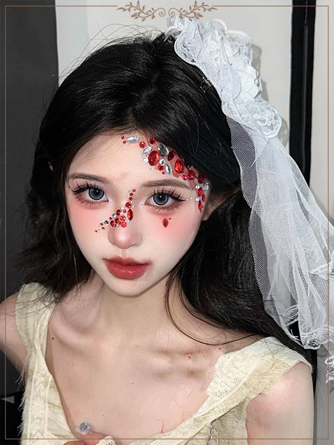 Gothic Bride Veil Hair Clip Black White Lace Dark Flower Rose Halloween Cosplay Accessory