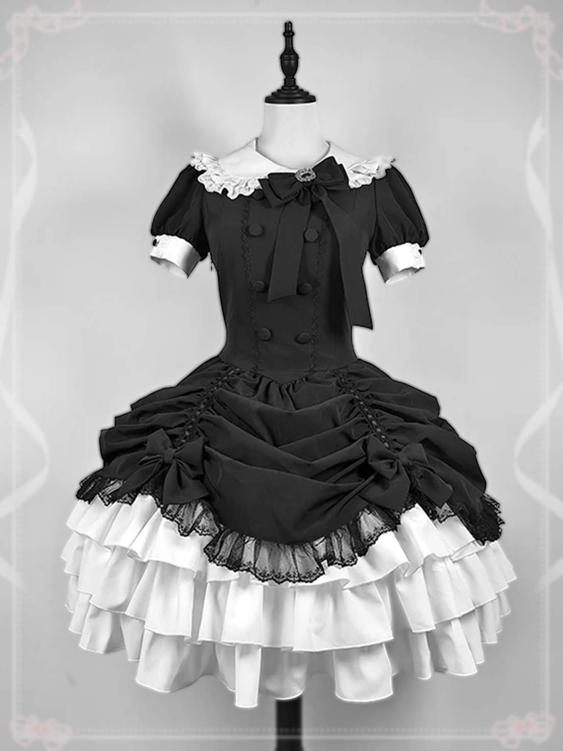 Gothic Dark Doll Gothic Lolita Black White Ruffled Maid Outfit Style Dress
