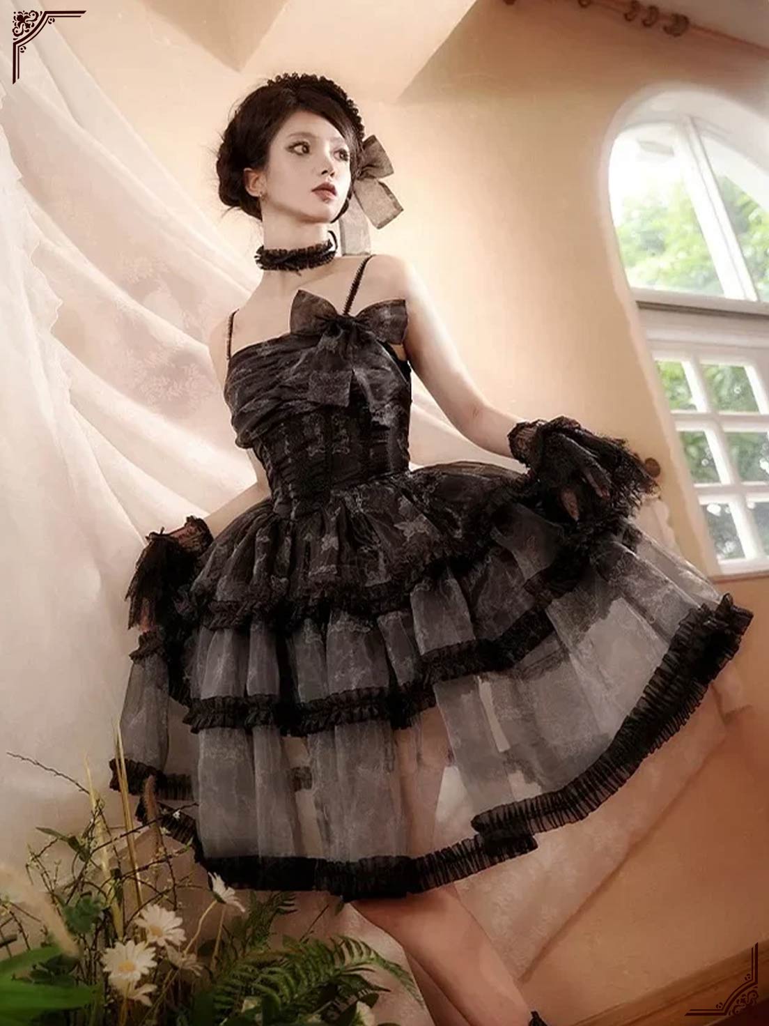 Gothic Lolita Ball Gown Black Prom Dress Pattern Organza Strap JSK