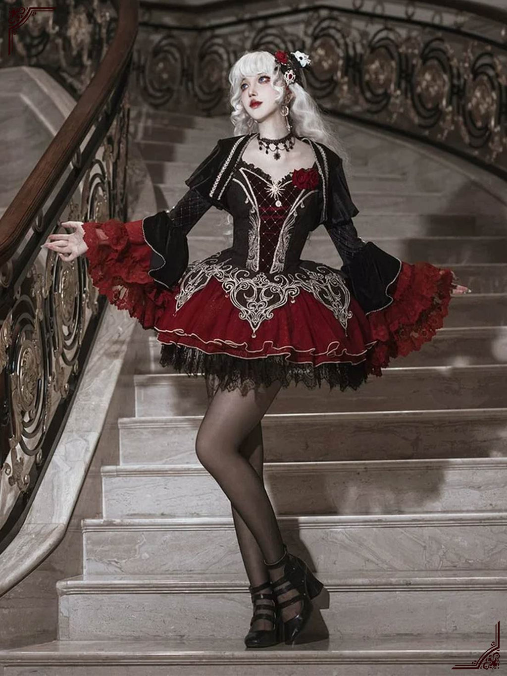 Victorian Gothic Lolita JSK Black and Red Velvet Mini Dress