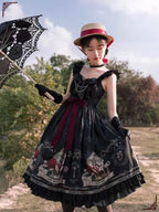 Gothic Lolita Black Printed Nightingale and Rose Suspender Dress with Bow