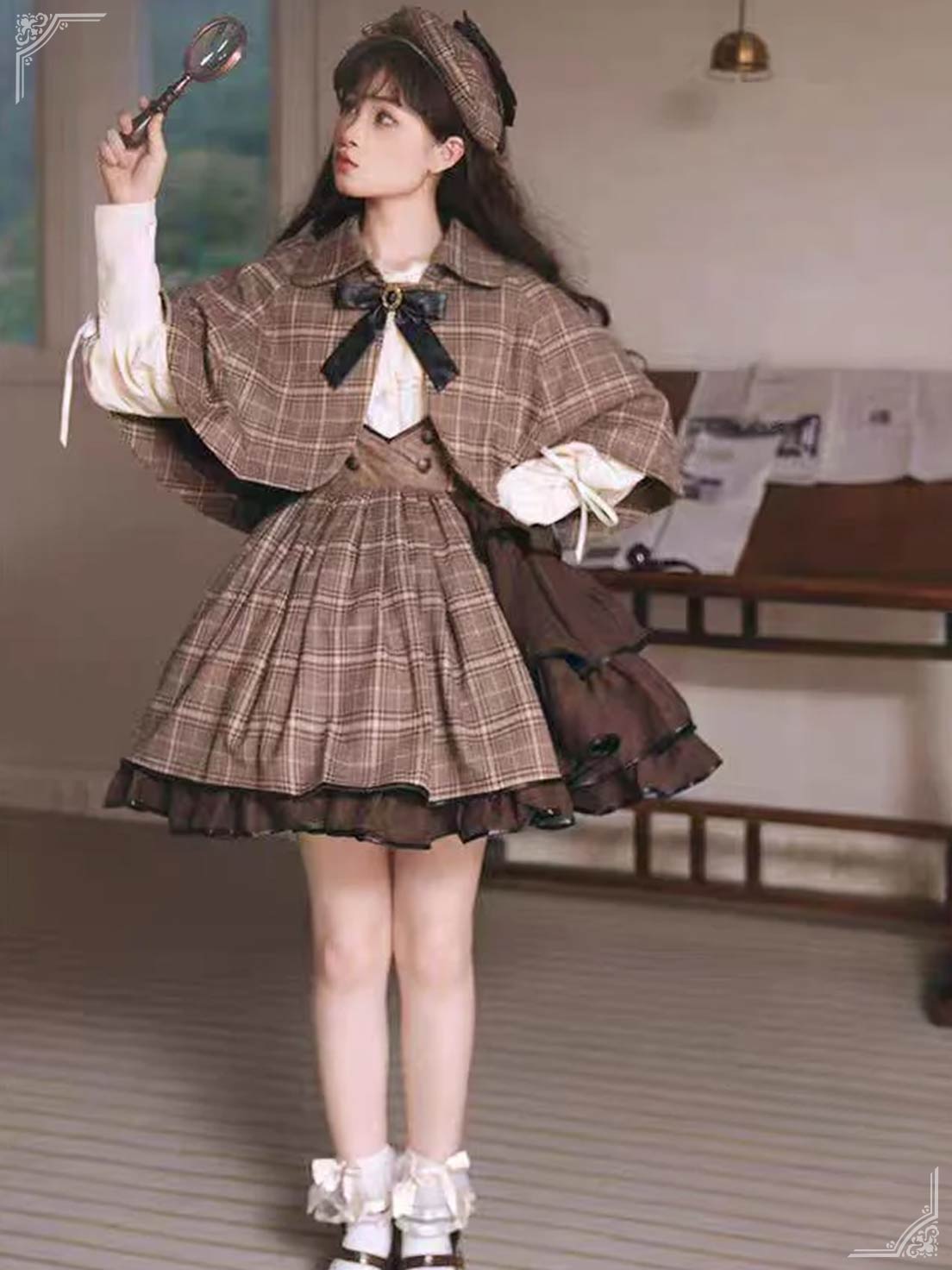 Gothic Lolita Brown Punk Strap SK Skirt Original Detective Side Opening British Outfit