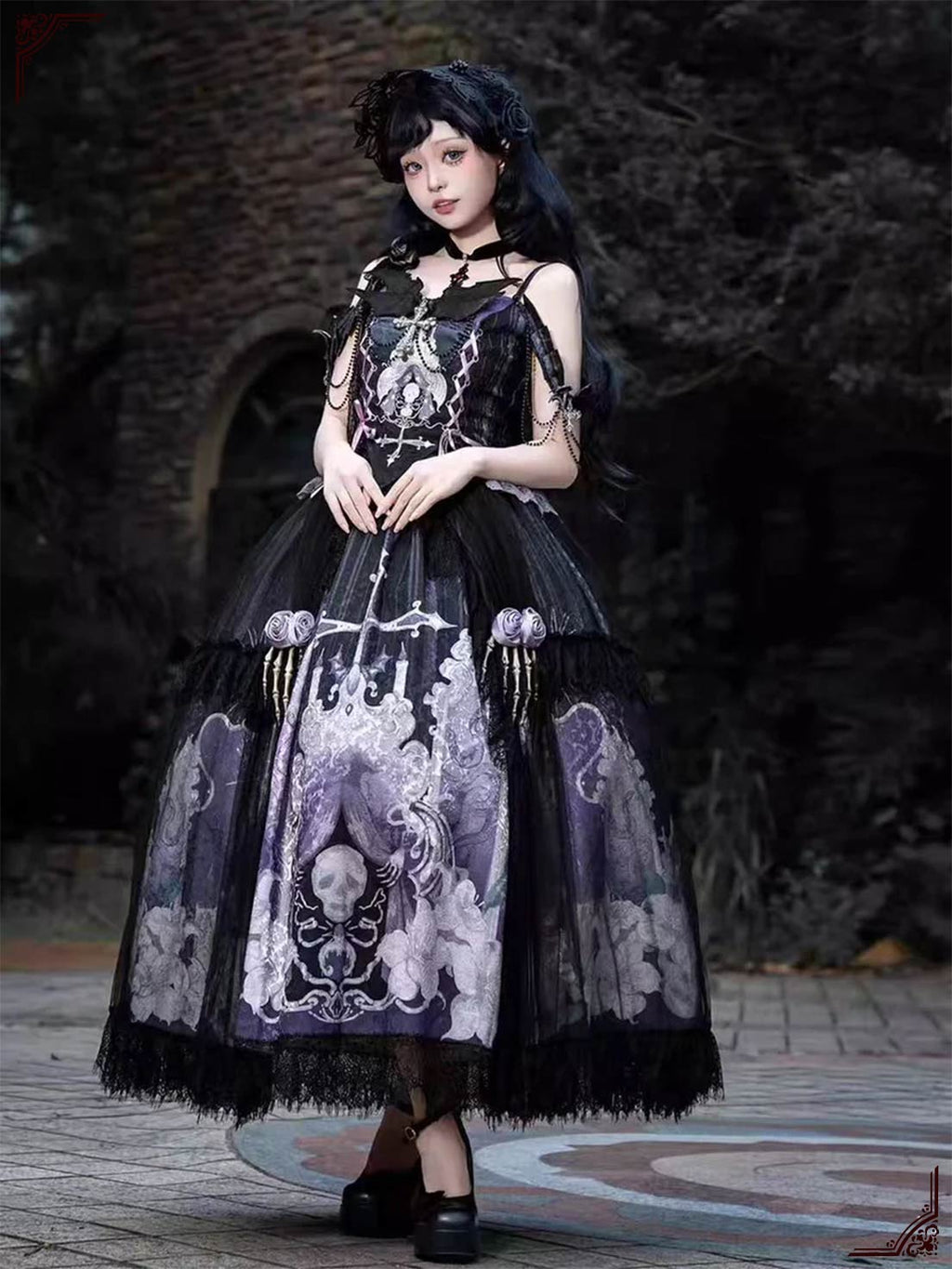  Black Gothic Lolita Dress with crosses and skull print