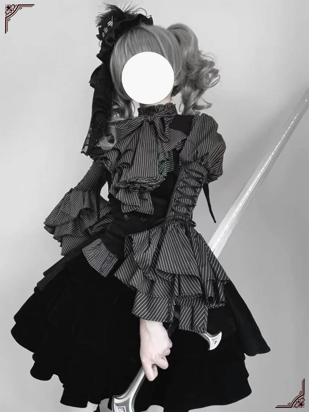 Gothic Lolita Dress Black Set Stripe Ruffled Top with Short Skirt