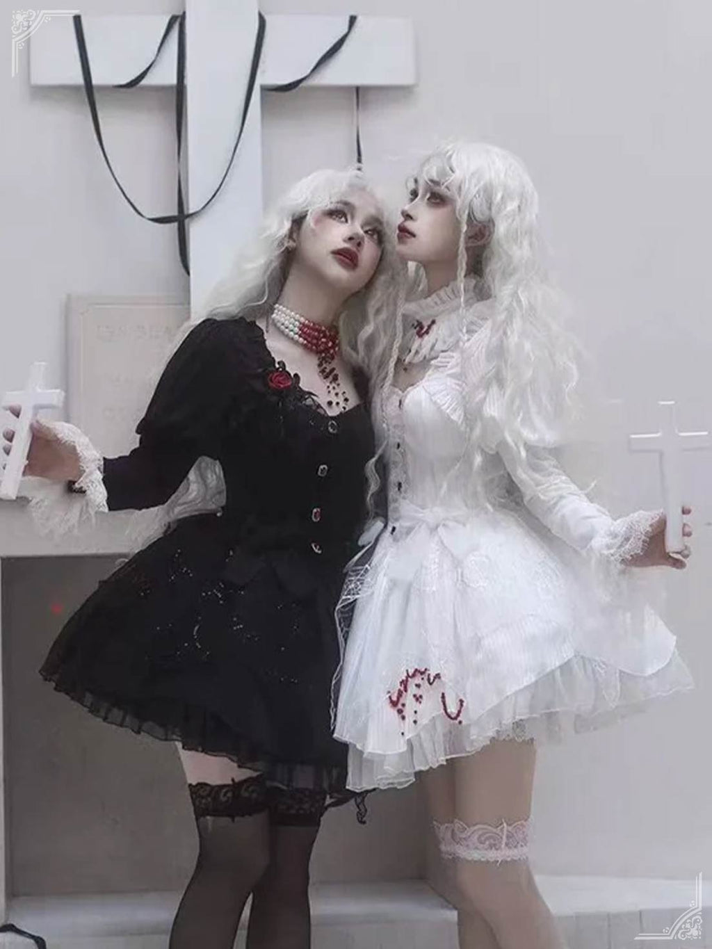 Gothic Lolita Nun Style OP Black White Halloween Layered Two-piece Spring Outfit