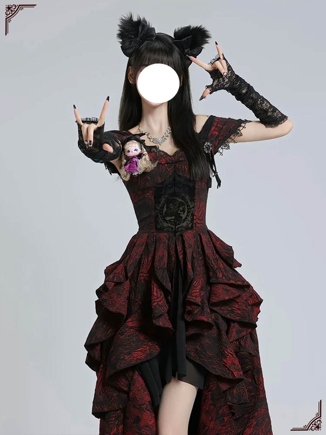 Prom Gothic Lolita Black and Red Jacquard Rose Pattern Bow Fluffy Princess Drress