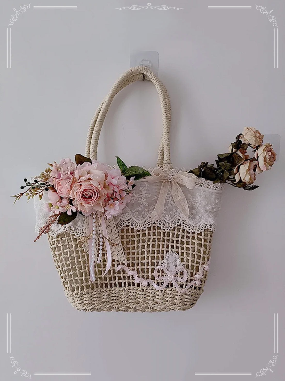 Handmade Hollow Lace Vintage Rose Flowers Straw Bag Summer Handbag Lolita Pastoral