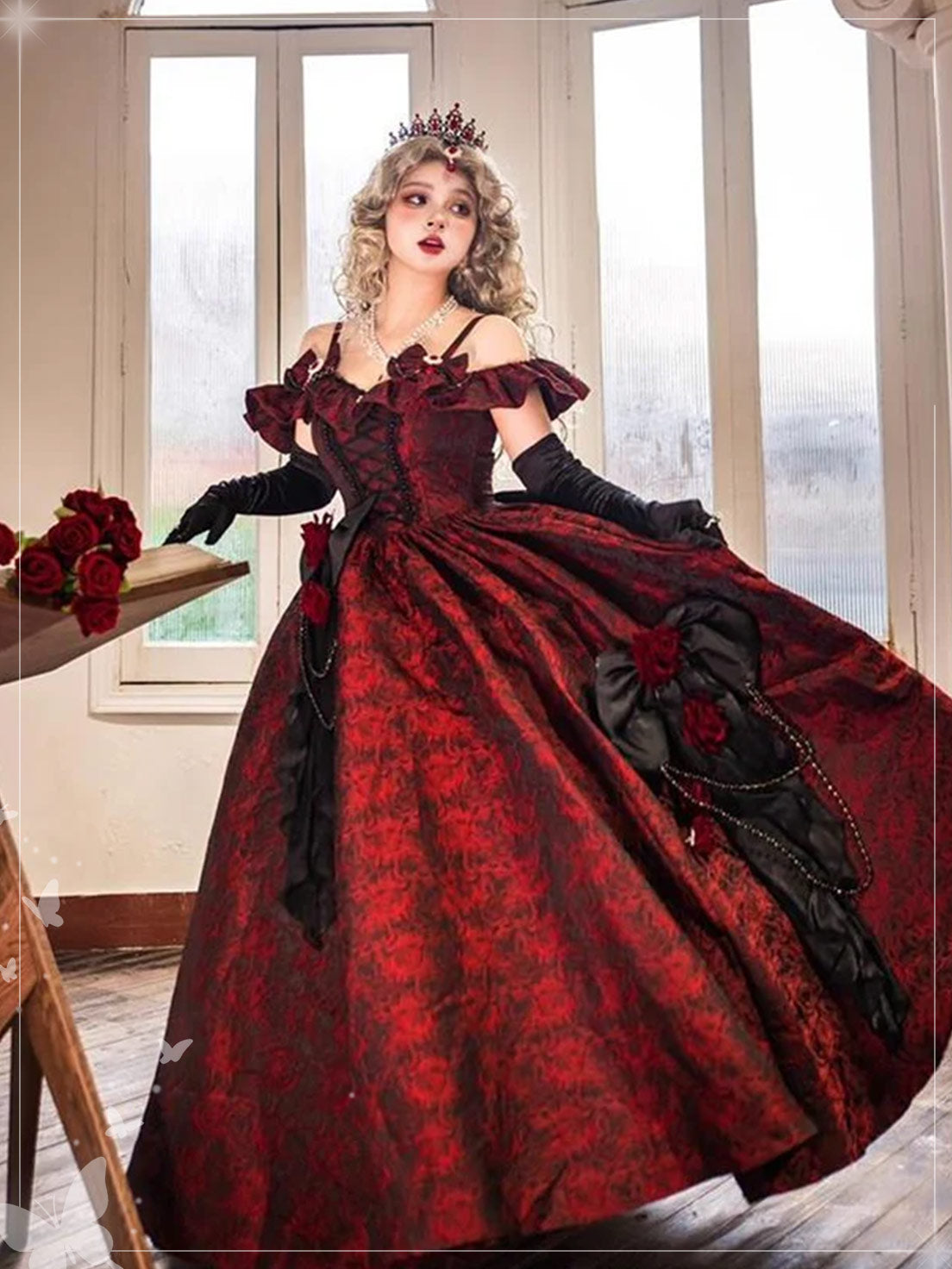 Hime Lolita Black and Red Lolita Flower Prom JSK Dress Gorgeous Birthday Adult Dress Lolita Elegant Princess One Piece Dress