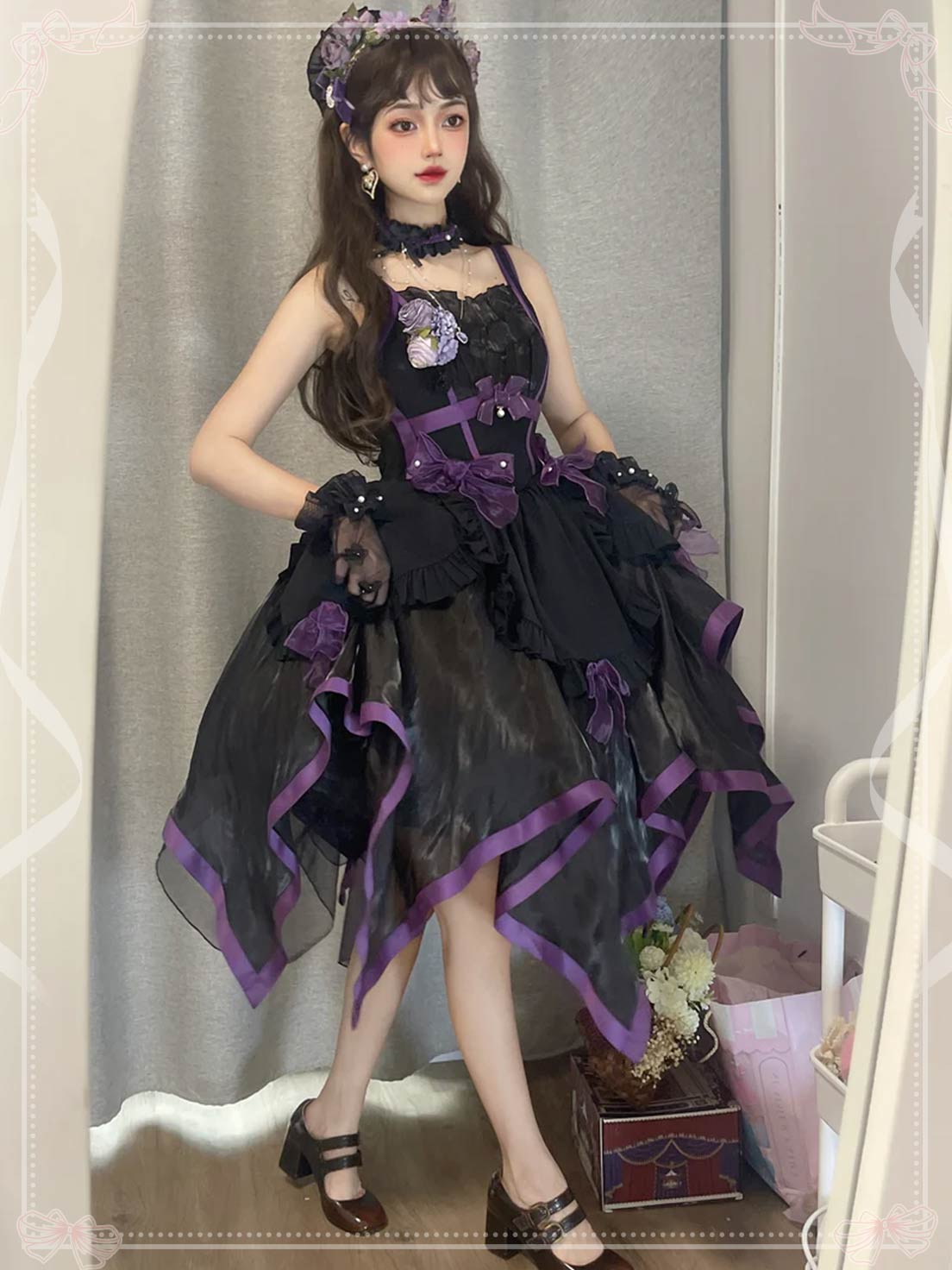 Hime Lolita Black Prom Lace Dress Elegant JSK with Bow for Party