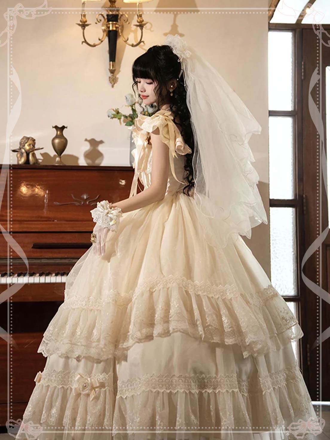 Hime Lolita Tea Party Fashion Camellia Moonlight Ivory White Wedding Ruffled Ball Gown