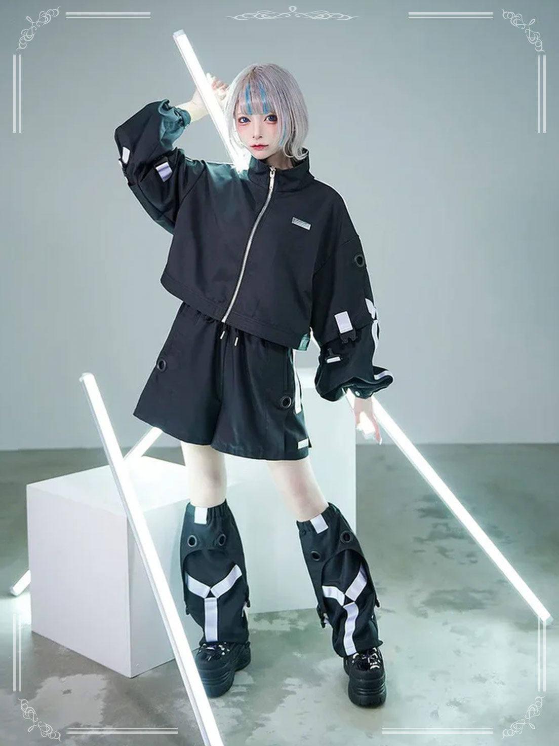 Jirai Kei Fashion Cyberpunk Techwear Set White Black Futuristic Shorts Jacket Oversized Sleeve Harajuku Streetwear Edgy Daily Outfit