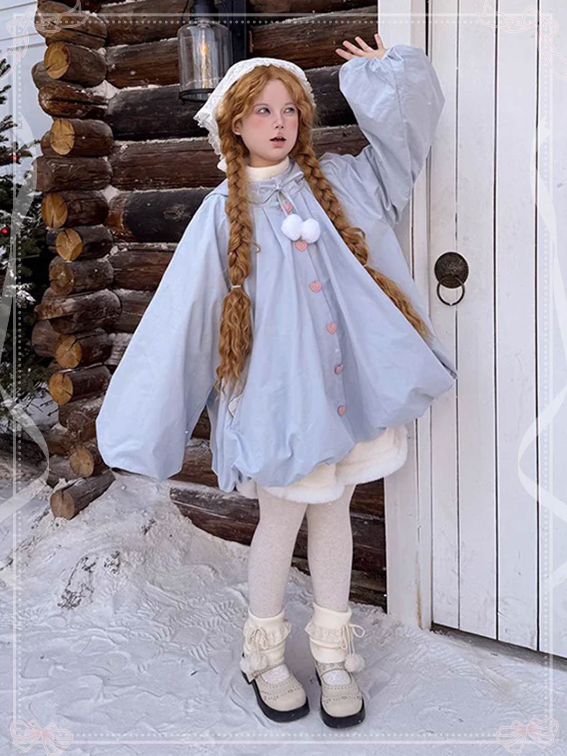 Lolita Coat Cream Blue Hooded Winter Plush Loose Cape Jacket for Winter