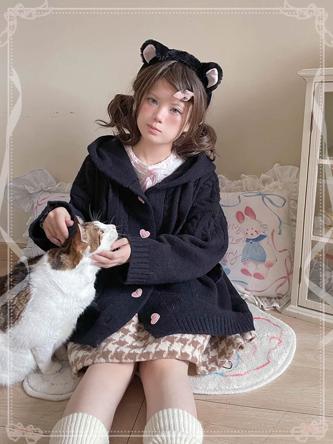 Lolita Coat Multicolor Hooded Knit Cardigan Cute Lazy Style Open Front Sweater