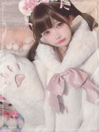 Lolita Coat Overcoat Beige Plush Cat Paw Quilted Soft Cute Autumn Winter Outfit