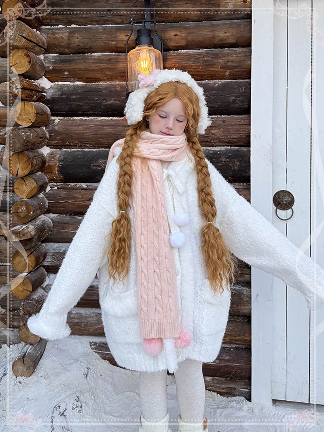 Lolita Coats Labeau Blue White Pom Pom Sweetheart Hooded Cardigan Winter Loose Thick Coat