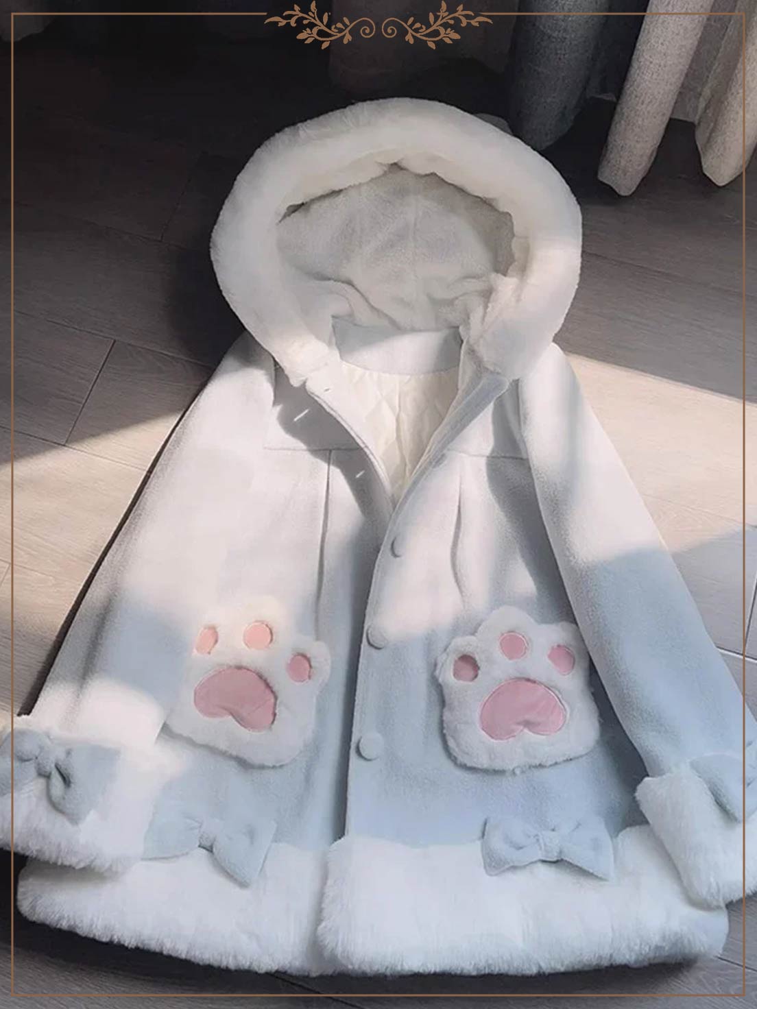 Lolita Coats Print Cat Ear Hooded Long Sleeve Bow Sweet Casual Coat 3 Colors