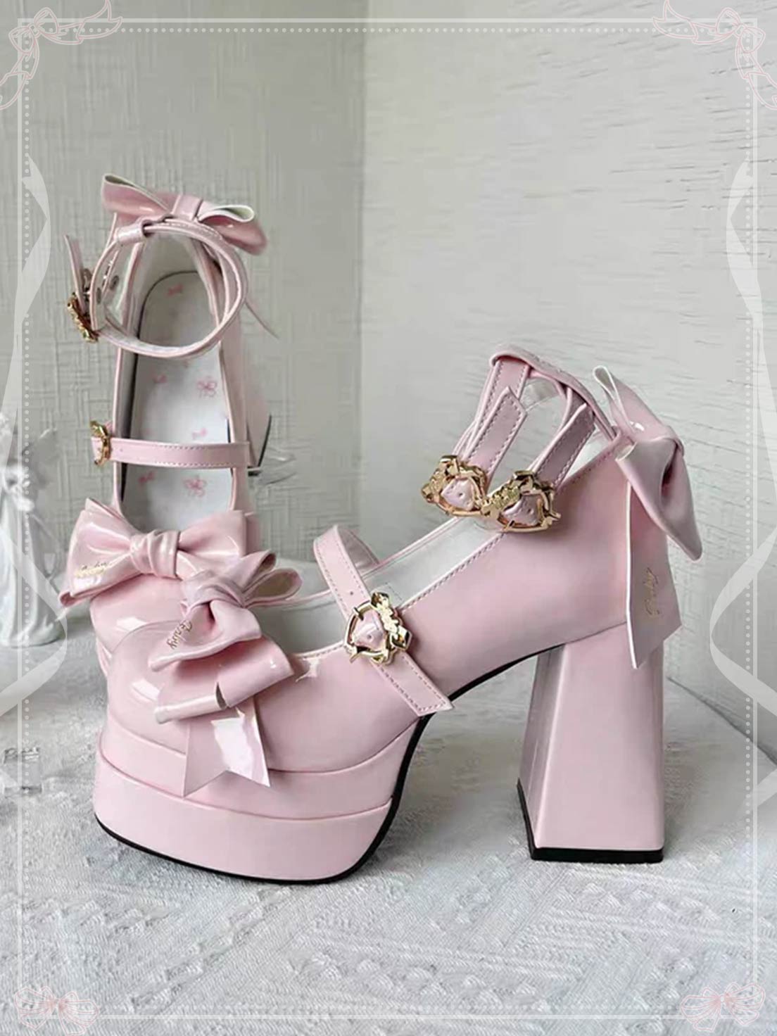 Lolita High Heels Women's Lo Shoes Cute Bow Round Head Thick Heel Single Shoes