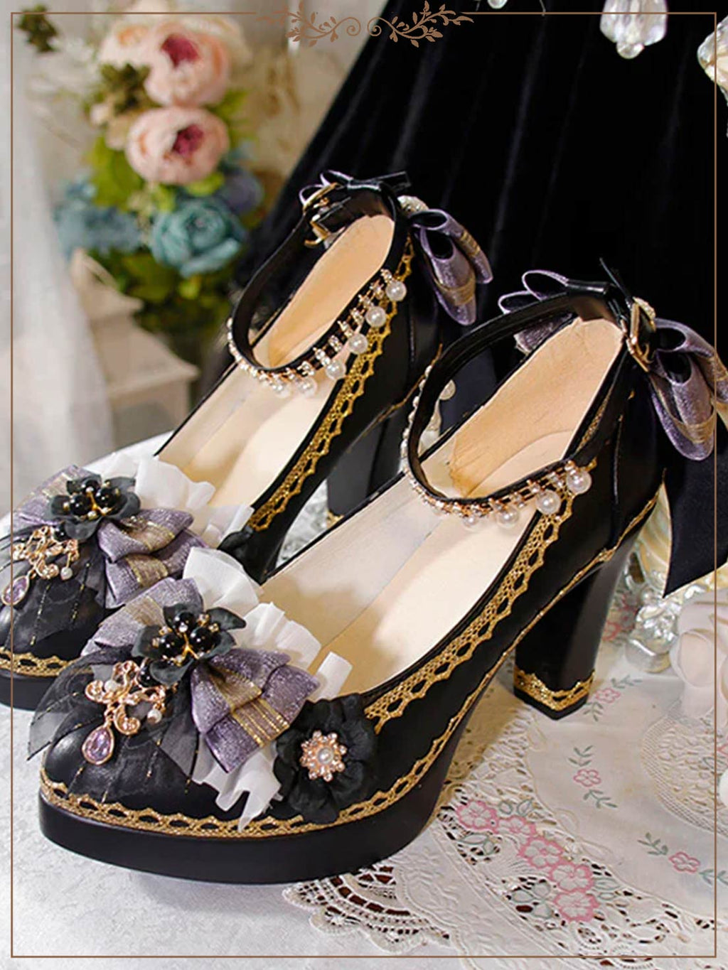Lolita Shoes Chunky Heel Black Blue Shoes with Multi Color Lace Trim
