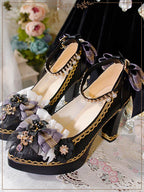 Lolita Shoes Chunky Heel Black Blue Shoes with Multi Color Lace Trim