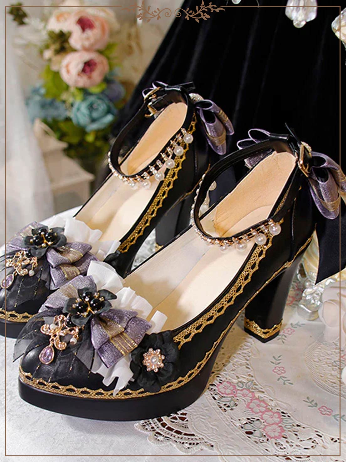 Lolita Shoes Chunky Heel Black Blue Shoes with Multi Color Lace Trim