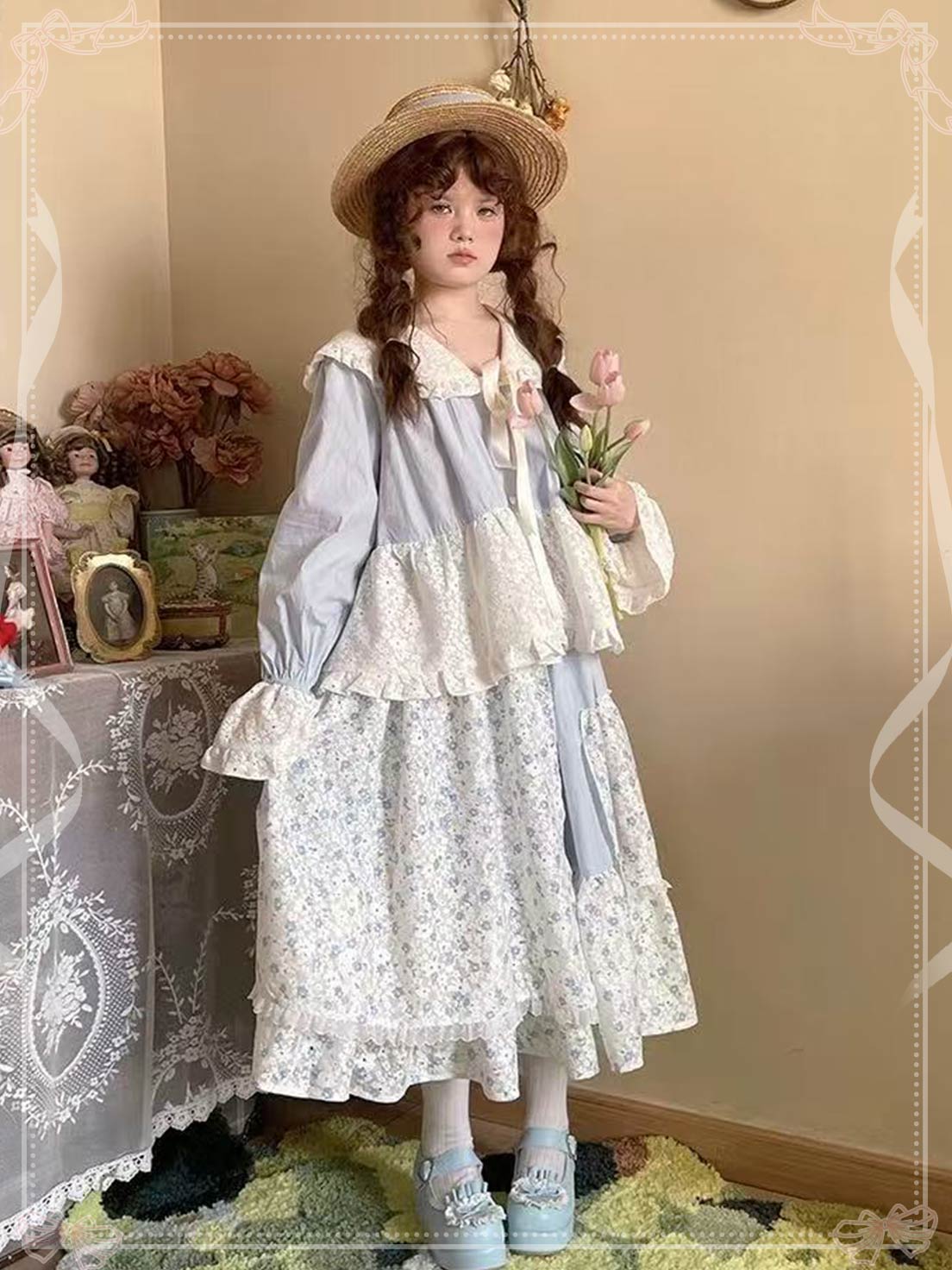 Lolita Skirt Sweet Princess High Waist Patchwork Floral Lace Midi Skirt in Apricot Blue