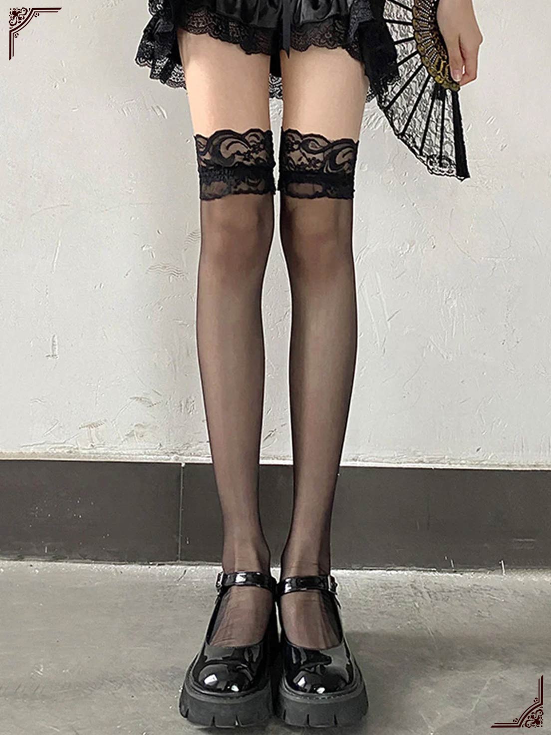 Lolita Stockings Black Gothic Over The Knee Socks Wide Cuff Lace Fishnet